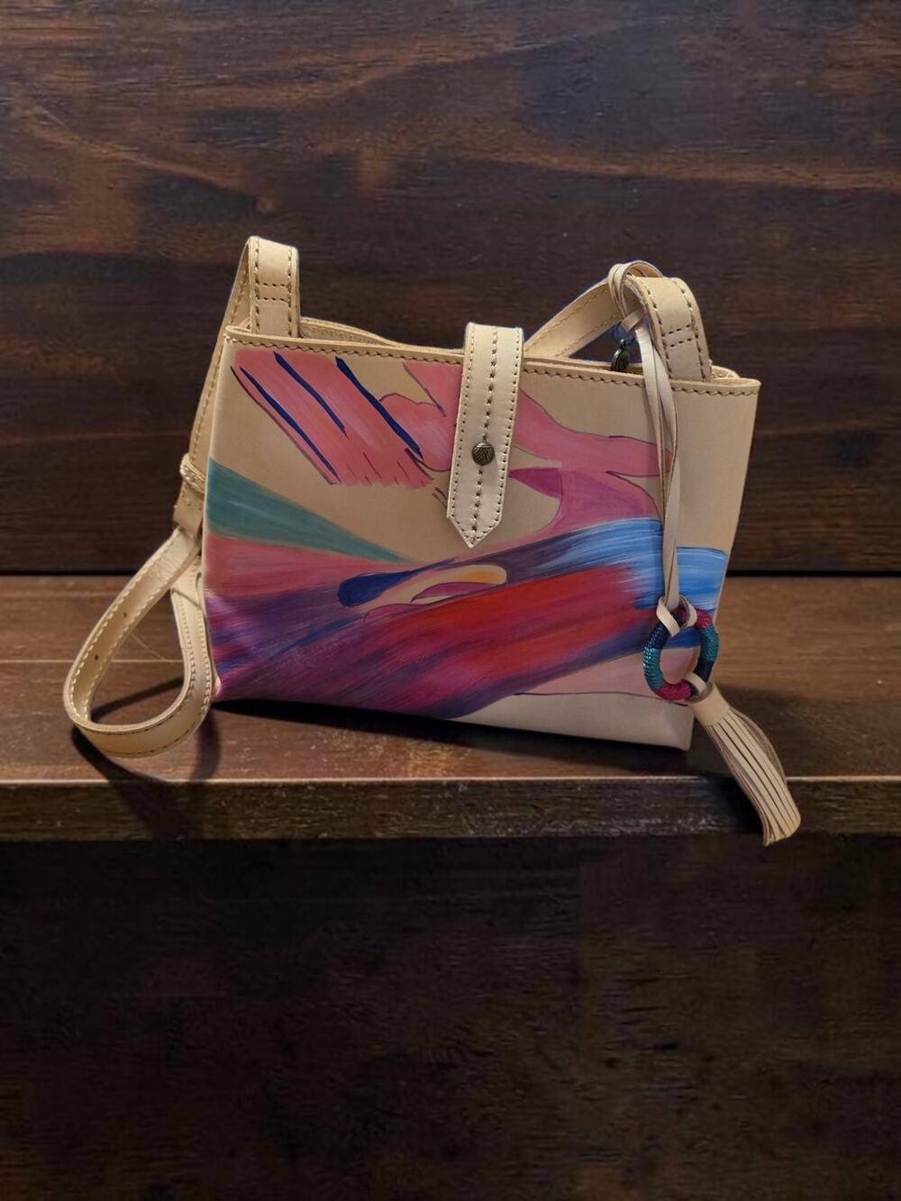 The Sak Hand Painted Leather Crossbody Bag Abstract Art Tassel Signed Purse